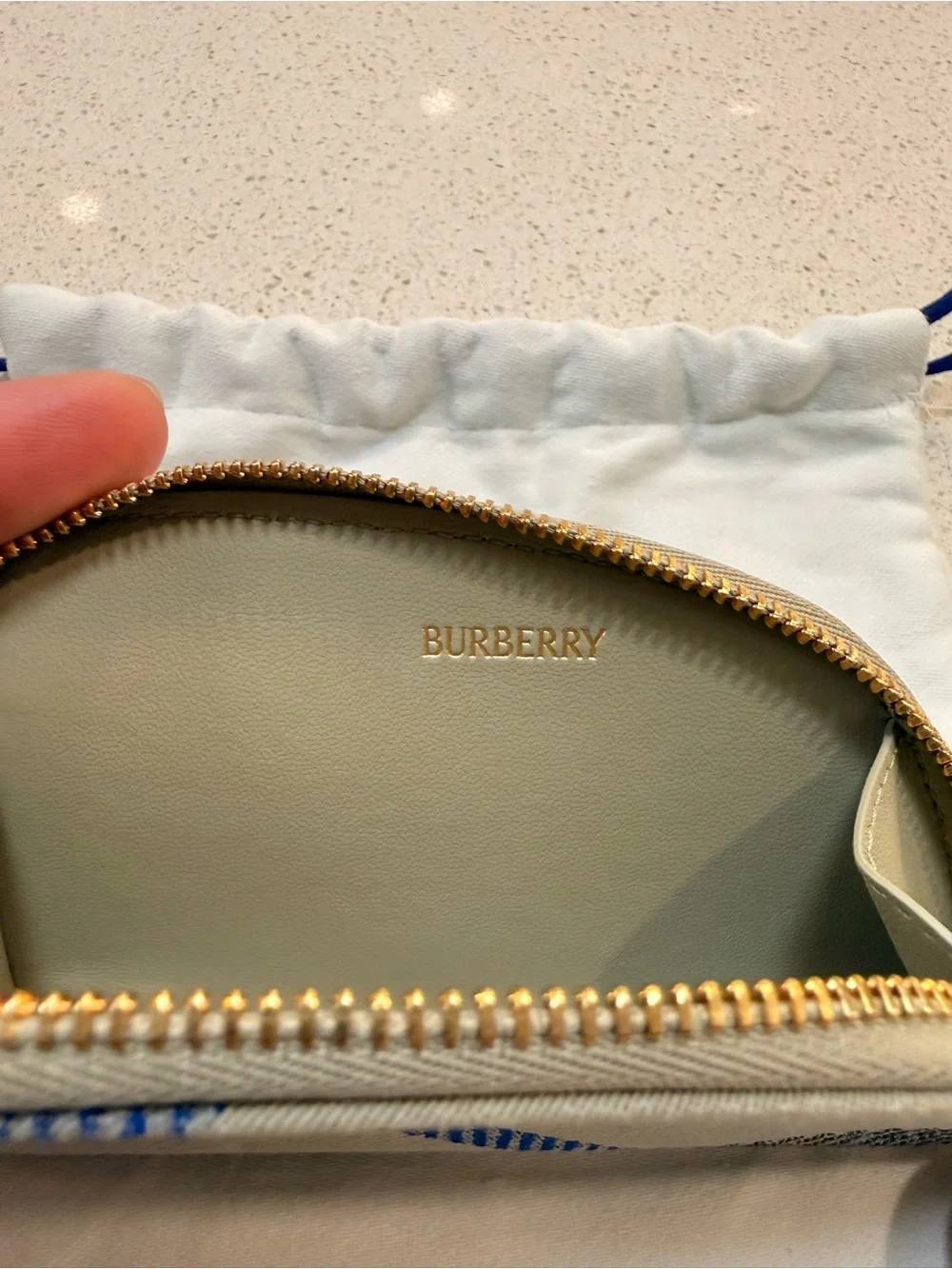 Burberry Beige Coin Pouch/Card Holder with Blue and Black Stripe and Gold Bell
